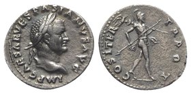Vespasian (69-79). AR Denarius (19mm, 3.01g, 6h). Rome, AD 70. Laureate head r. R/ Mars advancing r., holding spear and aquila. RIC II 23; RSC 87. Ton...