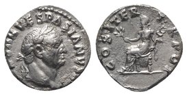 Vespasian (69-79). AR Denarius (18mm, 3.11g, 6h). Rome, AD 70. Laureate head r. R/ Pax seated l., holding branch and caduceus. RIC II 29; RSC 94h. Min...