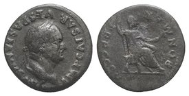 Vespasian (69-79). AR Denarius (18mm, 2.79g, 6h). Rome, AD 74. Laureate head r. R/ Vespasian seated r., holding branch and sceptre. RIC II 702; RSC 36...