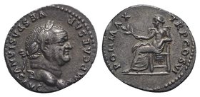 Vespasian (69-79). AR Denarius (19mm, 3.39g, 6h). Rome, AD 75. Laureate head r. R/ Pax seated l., holding branch. RIC II 772; RSC 366. Cabinet tone, G...