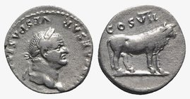 Vespasian (69-79). AR Denarius (17mm, 3.32g, 6h). Rome, AD 76. Laureate head r. R/ Bull standing r. RIC II 841; RSC 118. Scarce, VF