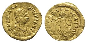 Anastasius I (491-518). AV Tremissis (13mm, 1.49g, 6h). Constantinople, 492-518. Diademed, draped and cuirassed bust r. R/ Victory advancing r., head ...