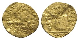 Anastasius I (491-518). AV Tremissis (13mm, 1.15g, 6h). Constantinople, 492-518. Diademed, draped and cuirassed bust r. R/ Victory advancing r., head ...