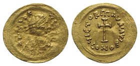 Maurice Tiberius (582-602). AV Tremissis (17mm, 1.50g, 6h). Constantinople, 583-602. Diademed, draped and cuirassed bust r. R/ Cross potent; CONOB. MI...