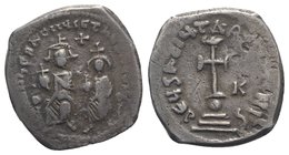 Heraclius with Heraclius Constantine (610-641). AR Hexagram (23mm, 6.24g, 6h). Constantinople, 615-638. Heraclius and Heraclius Constantine seated fac...