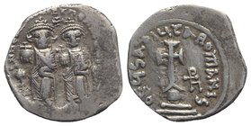 Heraclius with Heraclius Constantine (610-641). AR Hexagram (22mm, 6.33g, 6h). Constantinople, 632-635. Heraclius and Heraclius Constantine seated fac...