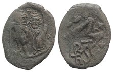 Heraclius (610-641). Æ 40 Nummi (31mm, 8.24g, 6h). Syracuse, 632-641. Countermarked: crowned facing busts of Heraclius and Heraclius Constantine; cros...