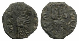 Constantine V and Leo IV (741-775). Æ 40 Nummi (16mm, 2.12g, 6h). Syracuse, 751-775. Constantine standing facing, holding akakia. R/ Leo standing faci...
