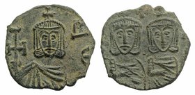Constantine V (741-775). Æ 40 Nummi (18mm, 2.41g, 6h). Syracuse, 757-775. Crowned facing busts of Constantine and Leo IV, each wearing chlamys and hol...