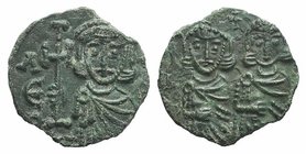 Constantine V (741-775). Æ 40 Nummi (18mm, 2.58g, 6h). Syracuse, 757-775. Crowned facing busts of Constantine and Leo IV, each wearing chlamys and hol...