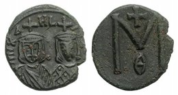 Michael II and Theophilus (820-829). Æ 40 Nummi (20mm, 4.42g, 6h). Syracuse, 821-9. Crowned facing busts of Michael and Theophilus. R/ Large M; cross ...