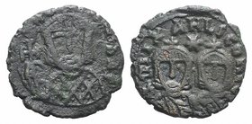 Theophilus (829-842). Æ 40 Nummi (20mm, 3.88g, 6h). Syracuse, 830/1-842. Crowned facing bust of Theophilus, wearing loros, holding cross potent. R/ Cr...