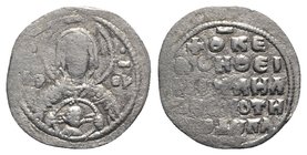 Michael VII Ducas (1071-1078). AR 2/3 Miliaresion (20mm, 1.24g, 6h). Constantinople. Facing bust of the Virgin Mary, holding medallion with the face o...