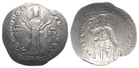 Alexius I (1081-1118). AR Miliaresion (24.5mm, 2.09g, 6h). Constantinople, 1081-1092. The Virgin Mary standing facing, orans. R/ Alexius standing faci...
