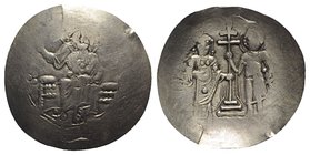 John II Comnenus (1118-1143). EL Aspron Trachy (27mm, 1.86g, 6h). Constantinople, 1122-43. Christ Pantokrator enthroned facing. R/ John and St. George...