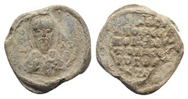 Byzantine Pb Seal, c. 7th-12th century (19mm, 5.32g, 12h). Nimbate bust of St. Nicholas facing. R/ Legend in six lines. VF