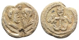 Byzantine Pb Seal, c. 10th-12th century (21mm, 11.11g, 12h). Busts of St. Peter and St. Paul facing each other; cross above. R/ Cruciform Monogram. Go...