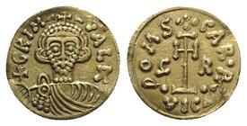 Lombards, Beneventum. Grimoald III with Charlemagne, king of the Franks (788-806). AV Tremissis (15.5mm, 1.19g, 6h). Crowned, draped and cuirassed bus...