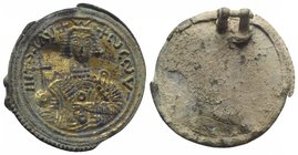 Lombards, Bronze Lid (39mm, 11.14g), with gilt decoration, imitating a Byzantine Emperor: facing bust, draped, holding globus cruciger; pseudo legend ...