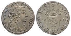 Italy, Fosdinovo. Maria Maddalena Centurioni Malaspina (1663-1669). AR Luigino 1667 (21mm, 1.96g, 6h). Draped bust r. R/ Crowned coat-of-arms; rosette...