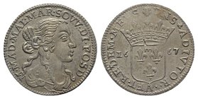 Italy, Fosdinovo. Maria Maddalena Centurioni Malaspina (1663-1669). AR Luigino 1667 (21mm, 1.93g, 6h). Draped bust r. R/ Crowned coat-of-arms; rosette...