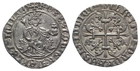 Italy, Napoli. Roberto I d'Angiò (1309-1343). AR Gigliato (27mm, 3.95g, 5h). King seated facing on lion throne, holding sceptre and globus cruciger. R...