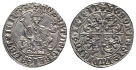 Italy, Napoli. Roberto I d'Angiò (1309-1343). AR Gigliato (26mm, 3.97g, 4h). King seated facing on lion throne, holding sceptre and globus cruciger. R...