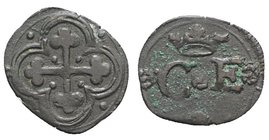 Italy, Savoia. Carlo Emanuele I (1580-1630). BI Quarto di Soldo (14mm, 0.81g). Cross in quadrilobe. R/ Crowned C E. MIR 678. Scarce, VF