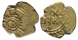 Italy, Sicily, Messina or Brindisi. Enrico VI (1191-1197). AV Tarì (11mm, 1.67g). Retrograde P within circle and kufic legend. R/ Cross flanked by IC-...