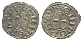Italy, Sicily, Messina. Enrico VI (1191-1197). BI Denaro (16mm, 0.68g, 11h). Cross. R/ Eagle l. Spahr 28; MIR 55. Silvered, Good VF