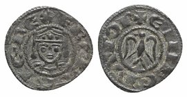 Italy, Sicily, Messina. Enrico VI (1191-1197). BI Denaro (15mm, 0.66g, 3h). In the name of Federico II. Crowned bust facing. R/ Eagle facing, head l. ...
