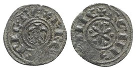Italy, Sicily, Messina. Federico II (1197-1250). BI Denaro, c. AD 1214 (15mm, 0.69g, 11h). Eagle facing, wings spread. R/ Six-rayed star with six pell...