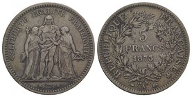 France. AR 5 Francs 1873 A, Paris (37mm, 24.79g, 6h). KM 820. VF