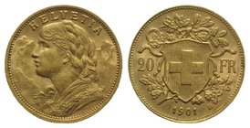 Switzerland, AV 20 Francs 1901 B, Bern (21mm, 6.45g, 6h). KM 35.1. Good VF