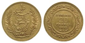 Tunisia, AV 20 Francs 1892, Paris (21mm, 6.45g, 6h). KM 227. Good VF