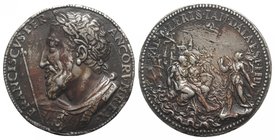 Italy, Milano. Francesco I (1515-1530). AR Medal 1530 (40mm, 33.78g, 12h), opus Benvenuto Cellini. FRANCISCVS I FR ANCORVM REX. R/ FAL LERIS IAM DATA ...