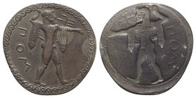 Northern Lucania, Poseidonia, c. 530-500 BC. Fake AR Stater (30mm, 7.74g, 12h). Poseidon, nude but for chlamys draped over his arms, standing r., prep...