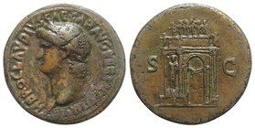 Nero (54-68). Fake Æ Sestertius (34mm, 22.27g, 6h). Rome, c. AD 64. Laureate head l. R/ Triumphal arch surmounted by statue of emperor in quadriga acc...