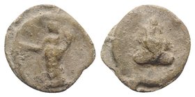 Roman PB Tessera, c. 1st century BC - 1st century AD (16mm, 4.28g, 12h). Annona(?) standing l., holding patera and cornucopia. R/ Rocky mountain(?). V...