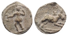 Roman PB Tessera, c. 1st century BC - 1st century AD (17mm, 2.91g, 12h). Diana standing l., holding bow and drawing arrow. R/ Stag running r. Good VF