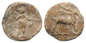 Roman PB Tessera, c. 1st century BC - 1st century AD (16mm, 2.97g, 12h). Diana standing r., holding bow and drawing arrow. R/ Stag standing r. Wavy, V...