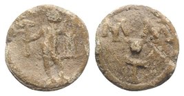 Roman PB Tessera, c. 1st century BC - 1st century AD (13mm, 2.45g, 6h). Felicitas(?) standing l., holding caduceus and cornucopia. R/ MM / • / T. VF