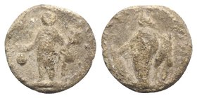 Roman PB Tessera, c. 1st century BC - 1st century AD (15mm, 3.47g, 12h). Fortuna standing l., holding rudder and cornucopiae. R/ Mercury standing l., ...