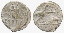 Roman PB Tessera, c. 1st century BC - 1st century AD (24mm, 4.45g, 1h). Fortuna standing l., holding cornucopia and rudder; MATI below. R/ Stork stand...
