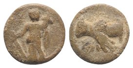 Roman PB Tessera, c. 1st century BC - 1st century AD (14mm, 2.92g, 3h). Fortuna standing l., holding rudder and cornucopiae. R/ Two clasped hands. Ros...