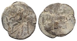 Roman PB Tessera, c. 1st century BC - 1st century AD (24mm, 4.80g, 11h). Fortuna seated l., holding rudder and cornucopiae. R/ Funeral pyre; T-S flank...