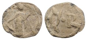 Roman PB Tessera, c. 1st century BC - 1st century AD (16mm, 2.29g, 12h). Fortuna standing l., holding cornucopia and rudder. R/ Q•R. VF