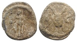 Roman PB Tessera, c. 1st century BC - 1st century AD (19mm, 5.90g, 12h). Genius(?) standing l., holding apple in r. hand, grain-ears in l. R/ Modius c...