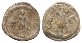 Roman PB Tessera, c. 1st century BC - 1st century AD (20mm, 5.09g, 12h). Genius(?) standing l., holding apple in r. hand, grain-ears in l. R/ Modius c...