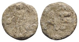 Roman PB Tessera, c. 1st century BC - 1st century AD (17mm, 5.19g, 12h). Hercules(?) standing l., holding patera. R/ Large AF. VF